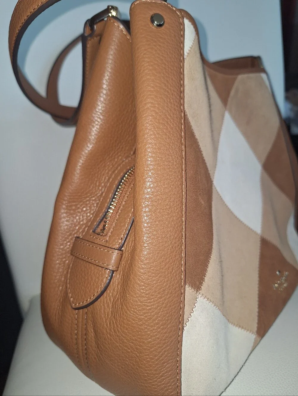 Kate Spade Brown & Tan Patchwork Leila Suede Medium Shoulder Bag EUC
